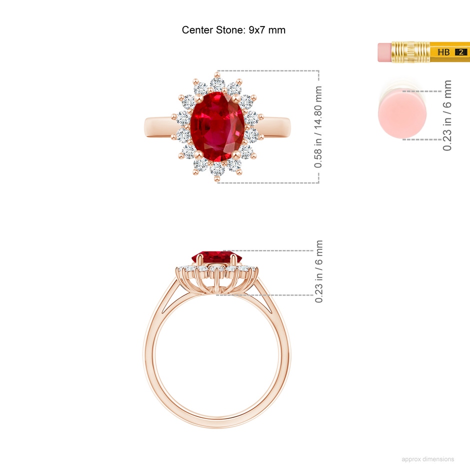 9x7mm AAA Princess Diana Inspired Ruby Ring with Diamond Halo in Rose Gold ruler