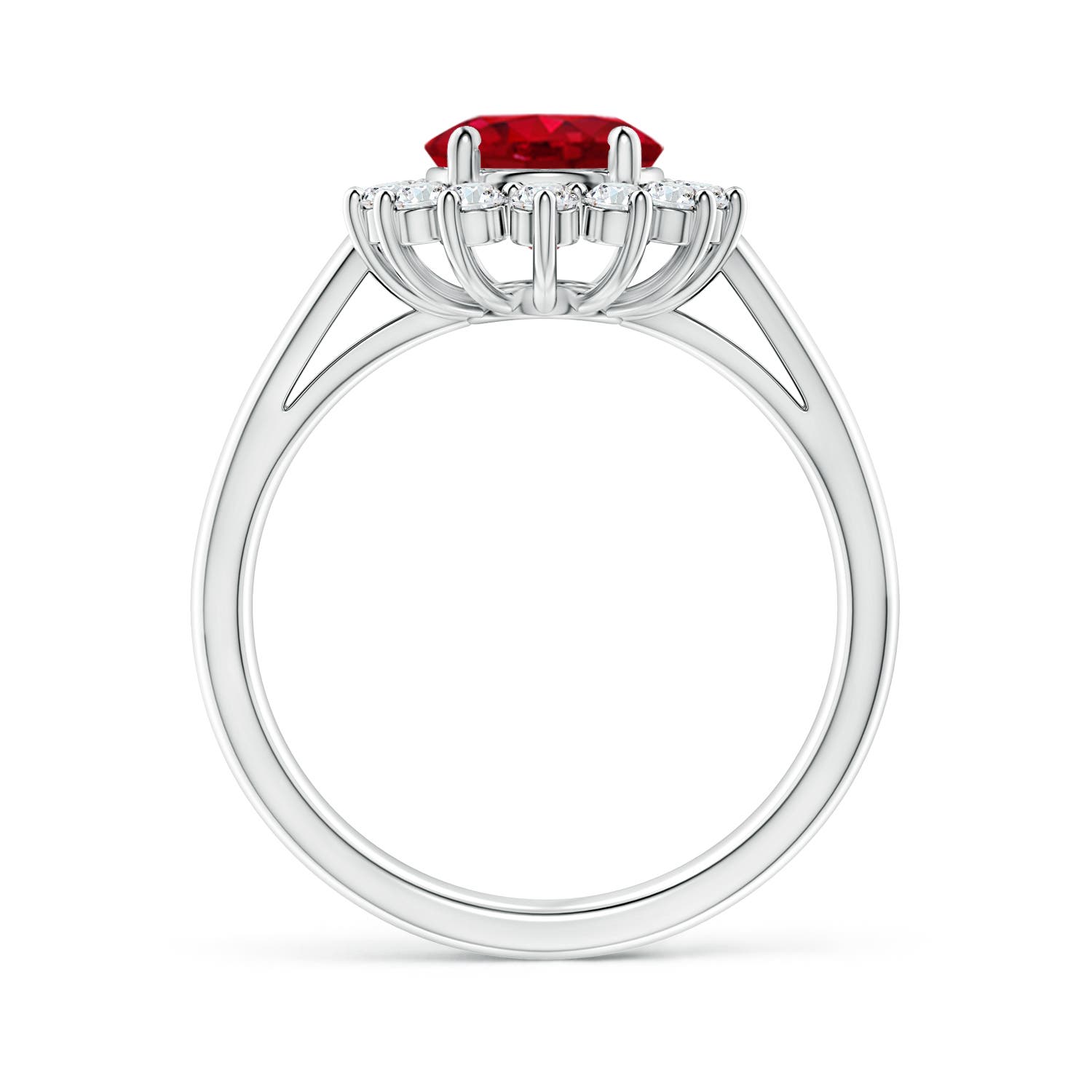 9x7mm AAA Princess Diana Inspired Ruby Ring with Diamond Halo in White Gold