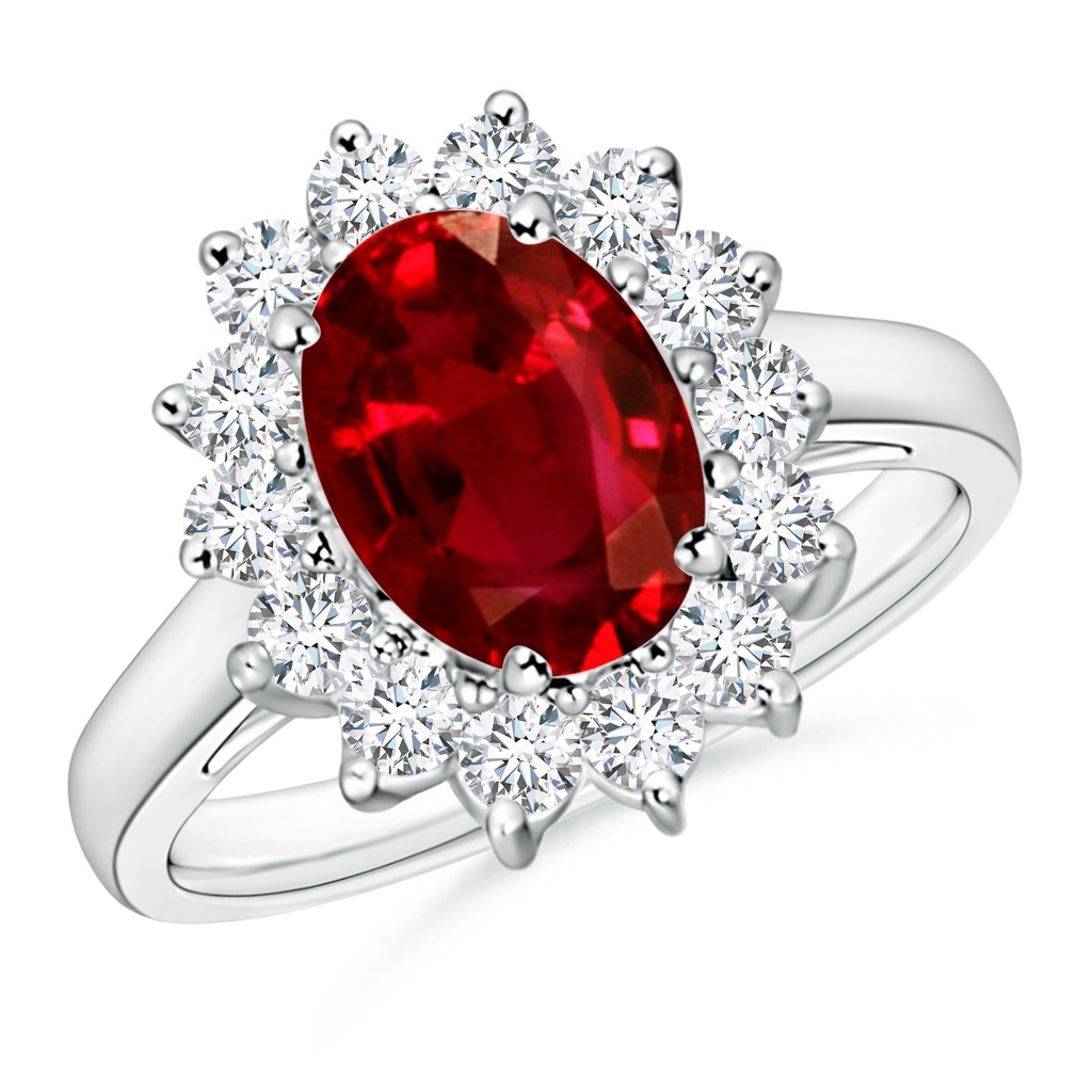 9x7mm AAAA Princess Diana Inspired Ruby Ring with Diamond Halo in P950 Platinum
