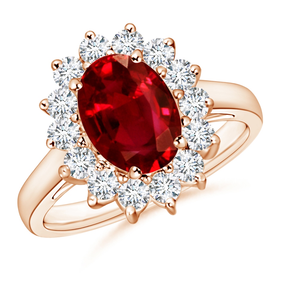 9x7mm AAAA Princess Diana Inspired Ruby Ring with Diamond Halo in Rose Gold 