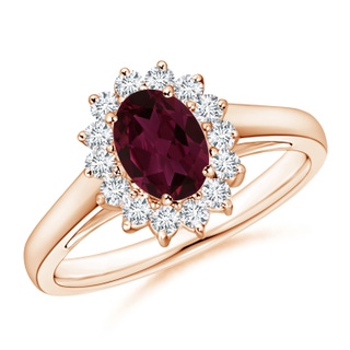 7x5mm AA Princess Diana Inspired Rhodolite Ring with Diamond Halo in Rose Gold