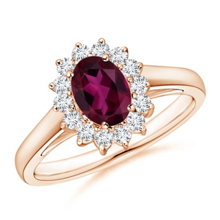 7x5mm AAA Princess Diana Inspired Rhodolite Ring with Diamond Halo in 10K Rose Gold