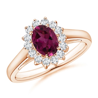 7x5mm AAAA Princess Diana Inspired Rhodolite Ring with Diamond Halo in 9K Rose Gold