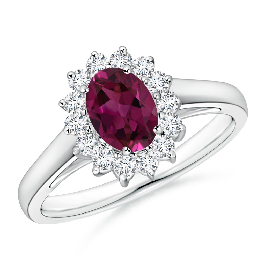 7x5mm AAAA Princess Diana Inspired Rhodolite Ring with Diamond Halo in P950 Platinum