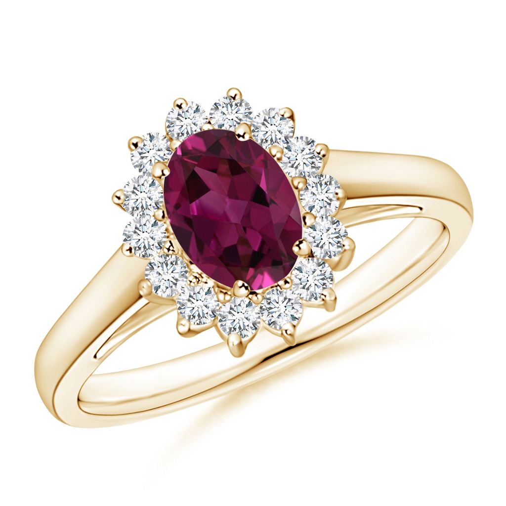 7x5mm AAAA Princess Diana Inspired Rhodolite Ring with Diamond Halo in Yellow Gold