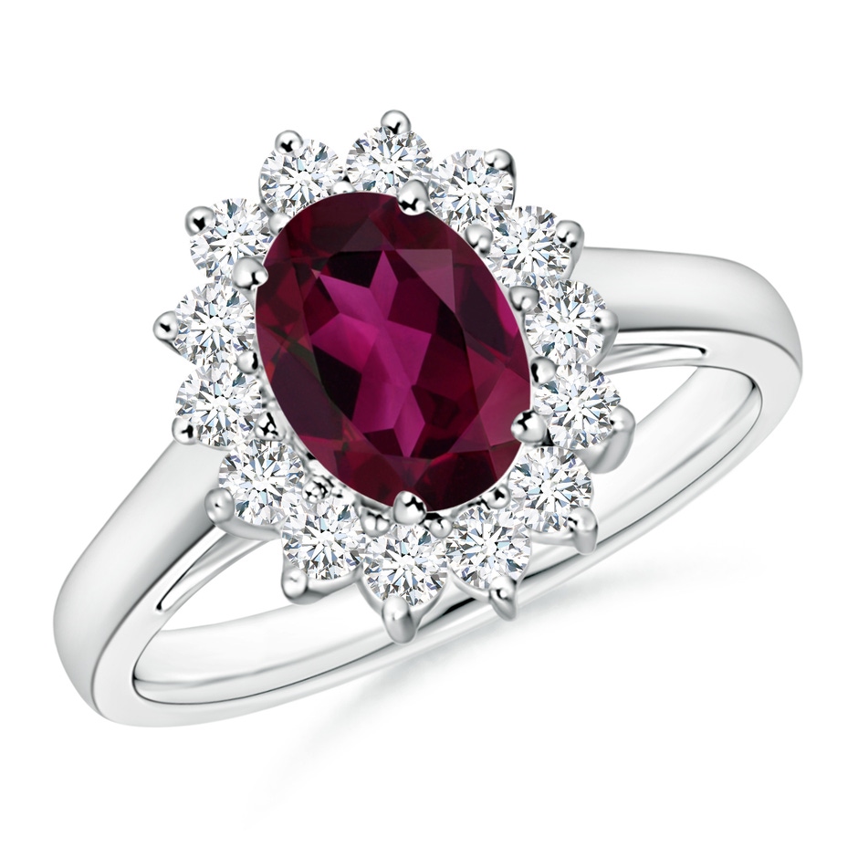 8x6mm AAA Princess Diana Inspired Rhodolite Ring with Diamond Halo in White Gold 