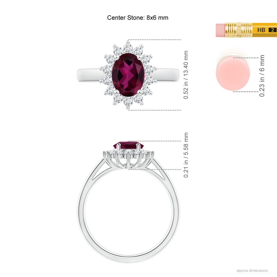 8x6mm AAA Princess Diana Inspired Rhodolite Ring with Diamond Halo in White Gold ruler