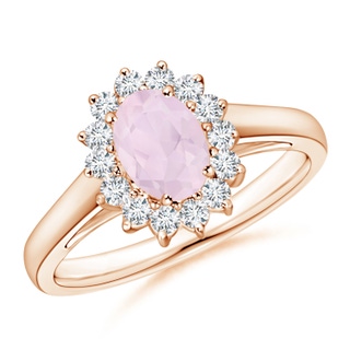 7x5mm A Princess Diana Inspired Rose Quartz Ring with Diamond Halo in 10K Rose Gold