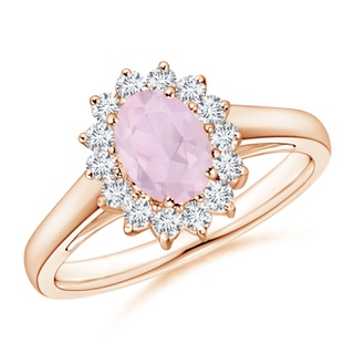 7x5mm AA Princess Diana Inspired Rose Quartz Ring with Diamond Halo in 10K Rose Gold