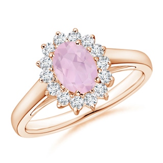 7x5mm AAA Princess Diana Inspired Rose Quartz Ring with Diamond Halo in 10K Rose Gold
