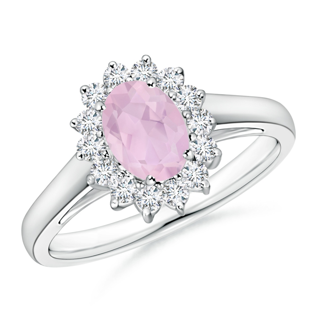 7x5mm AAA Princess Diana Inspired Rose Quartz Ring with Diamond Halo in White Gold