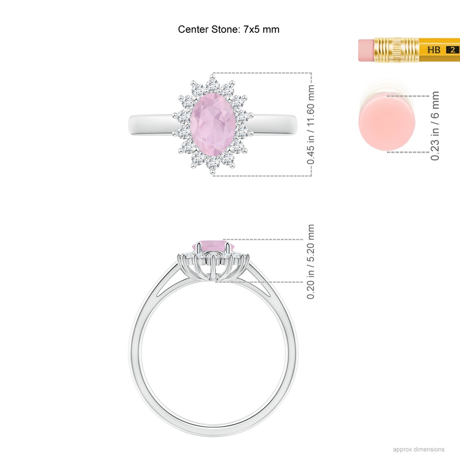 7x5mm AAA Princess Diana Inspired Rose Quartz Ring with Diamond Halo in White Gold ruler