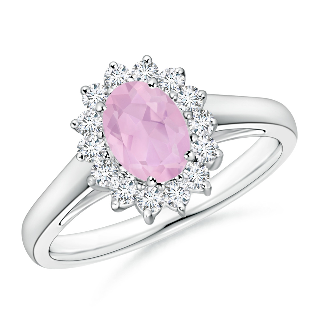 7x5mm AAAA Princess Diana Inspired Rose Quartz Ring with Diamond Halo in P950 Platinum