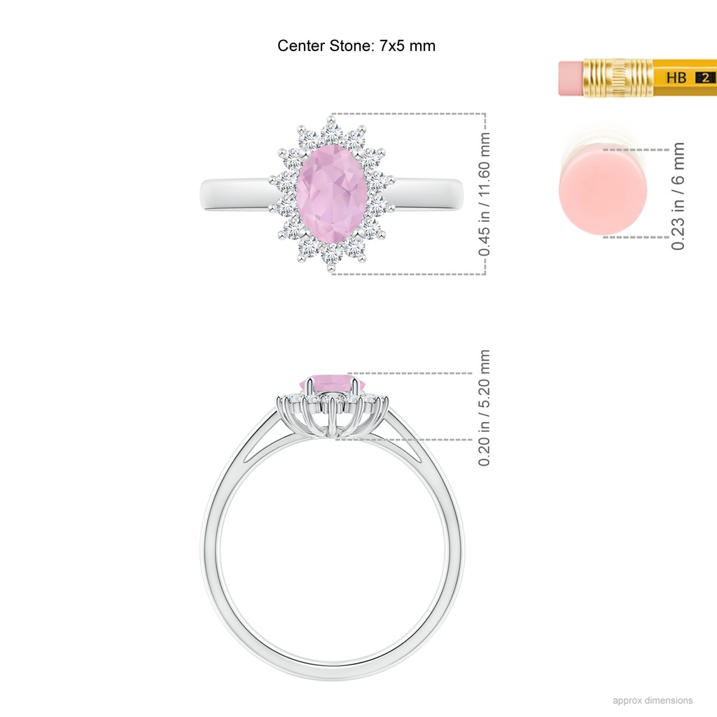 7x5mm AAAA Princess Diana Inspired Rose Quartz Ring with Diamond Halo in P950 Platinum Ruler