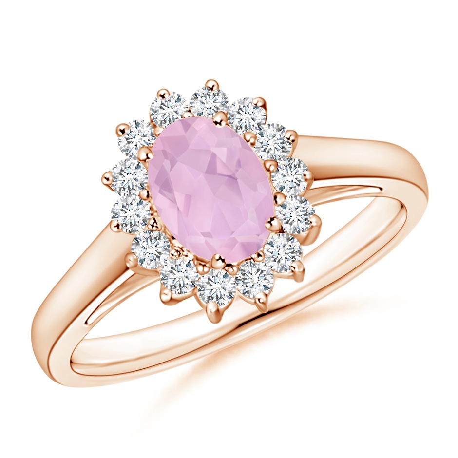7x5mm AAAA Princess Diana Inspired Rose Quartz Ring with Diamond Halo in Rose Gold 