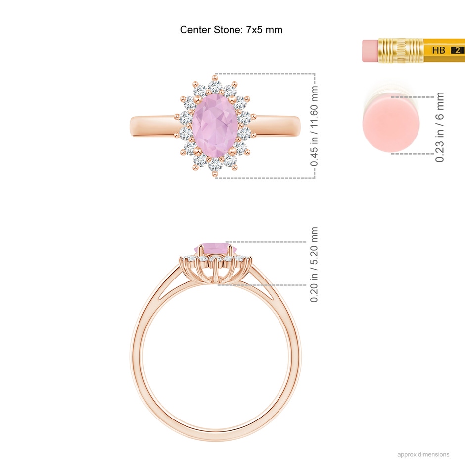 7x5mm AAAA Princess Diana Inspired Rose Quartz Ring with Diamond Halo in Rose Gold ruler