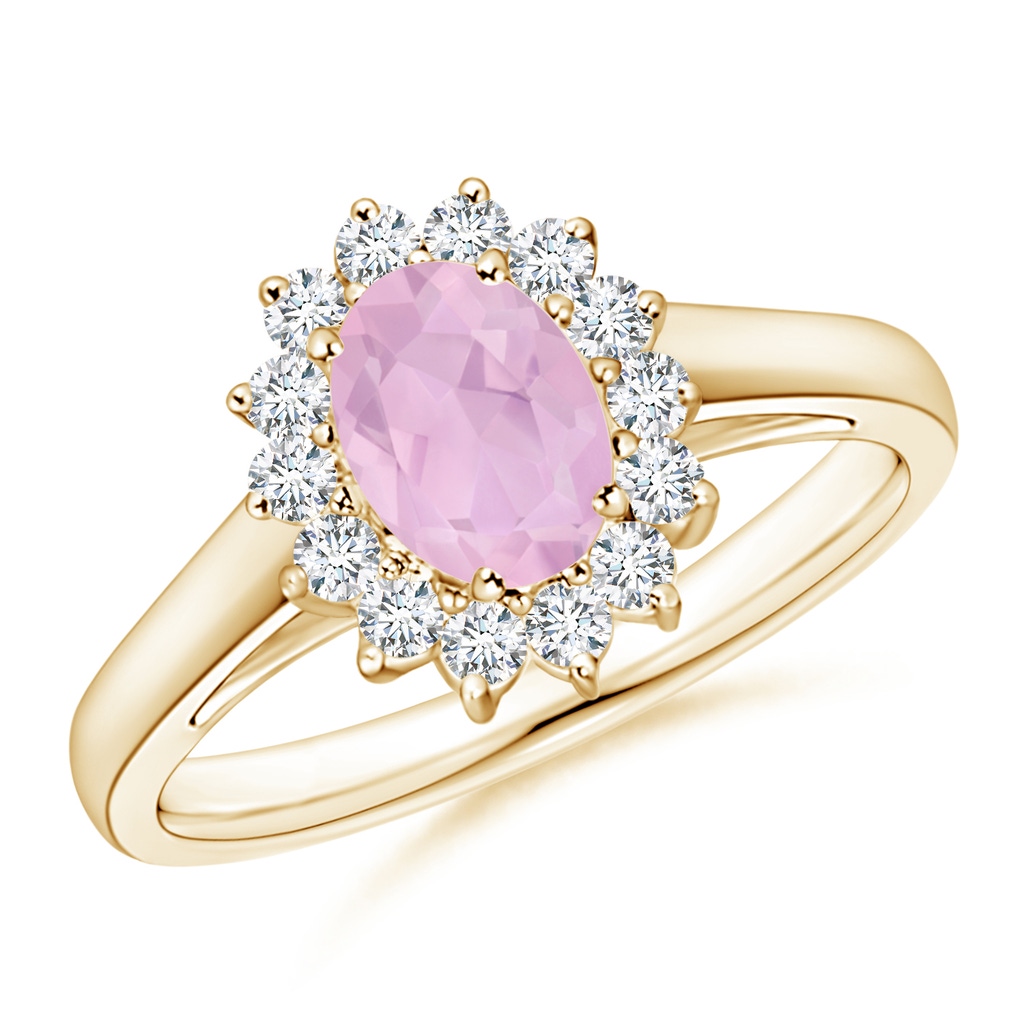 7x5mm AAAA Princess Diana Inspired Rose Quartz Ring with Diamond Halo in Yellow Gold
