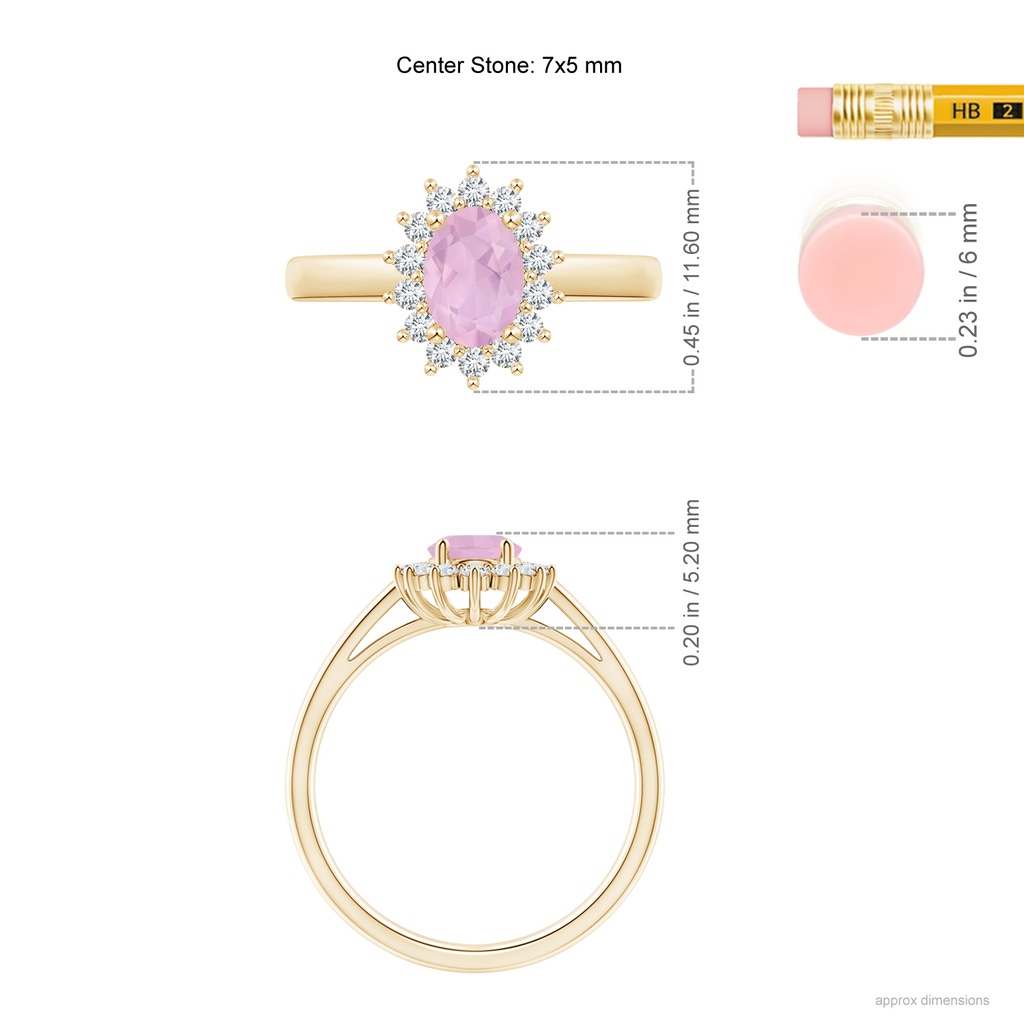 7x5mm AAAA Princess Diana Inspired Rose Quartz Ring with Diamond Halo in Yellow Gold Ruler