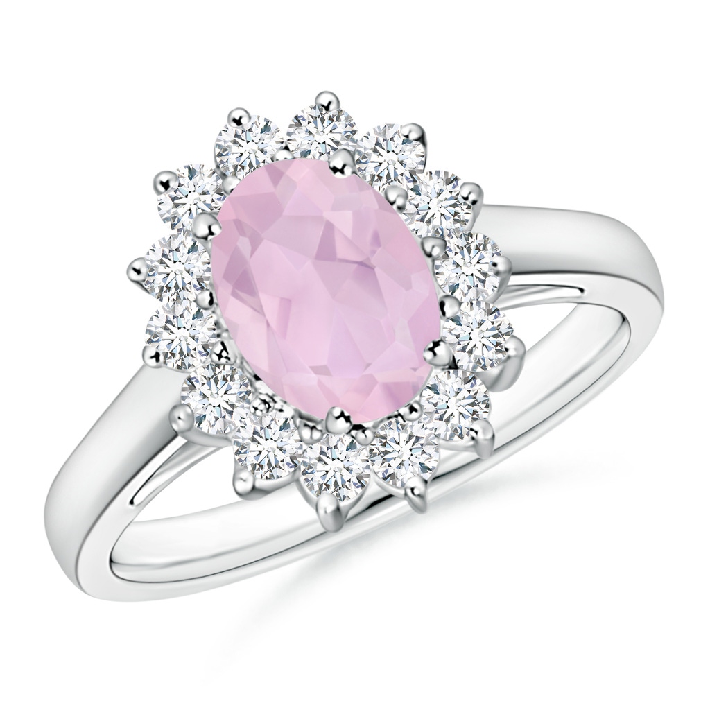8x6mm AAA Princess Diana Inspired Rose Quartz Ring with Diamond Halo in White Gold
