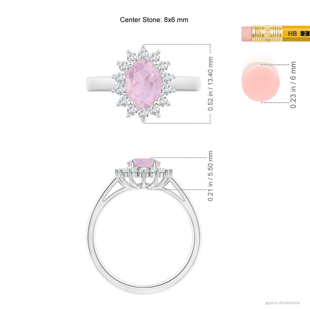 8x6mm AAA Princess Diana Inspired Rose Quartz Ring with Diamond Halo in White Gold Ruler