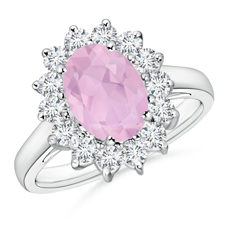 9x7mm AAAA Princess Diana Inspired Rose Quartz Ring with Diamond Halo in P950 Platinum 