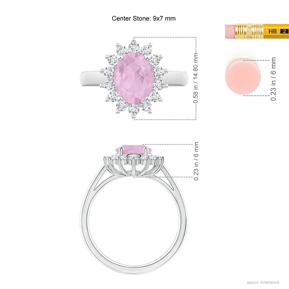 9x7mm AAAA Princess Diana Inspired Rose Quartz Ring with Diamond Halo in P950 Platinum ruler