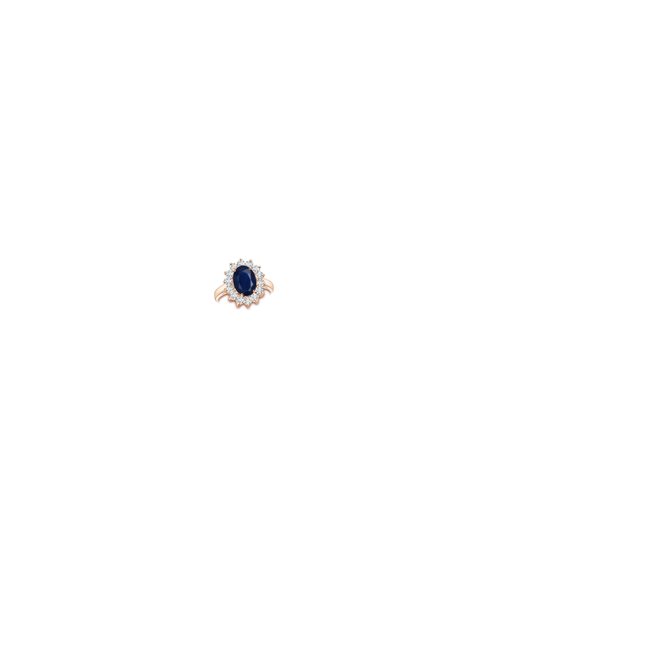 10x8mm A Princess Diana Inspired Blue Sapphire Ring with Diamond Halo in Rose Gold hand