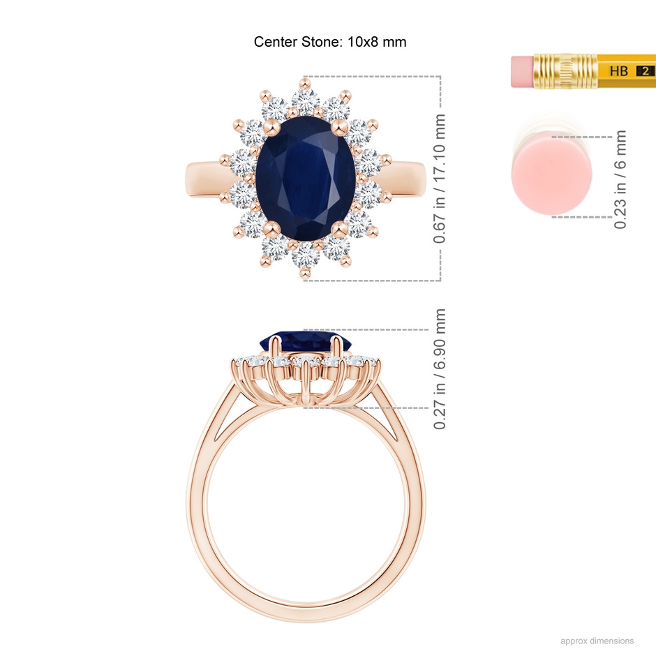 10x8mm A Princess Diana Inspired Blue Sapphire Ring with Diamond Halo in Rose Gold ruler