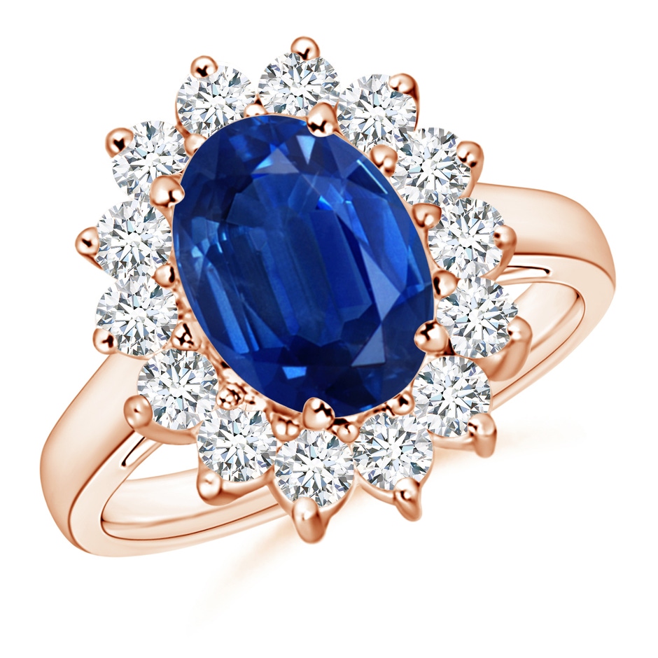 10x8mm AAA Princess Diana Inspired Blue Sapphire Ring with Diamond Halo in 18K Rose Gold 