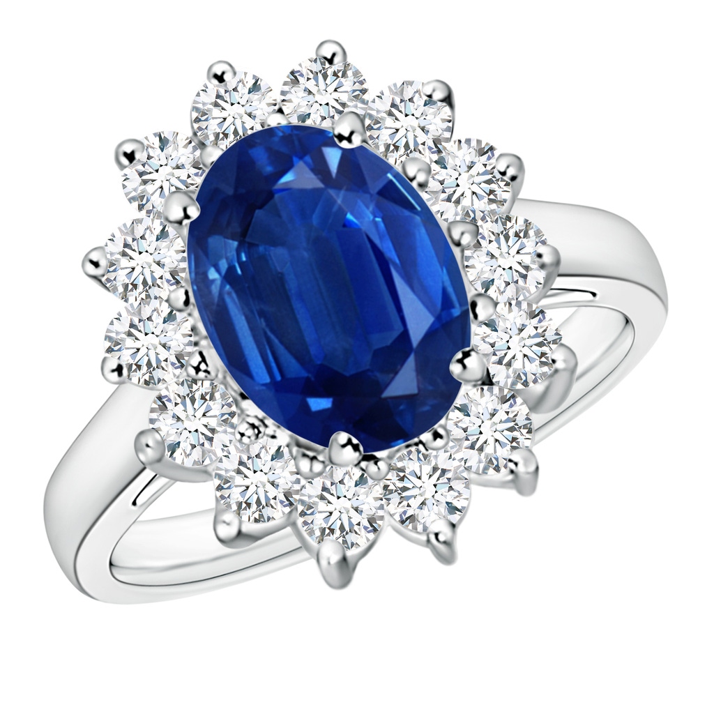 10x8mm AAA Princess Diana Inspired Blue Sapphire Ring with Diamond Halo in 18K White Gold