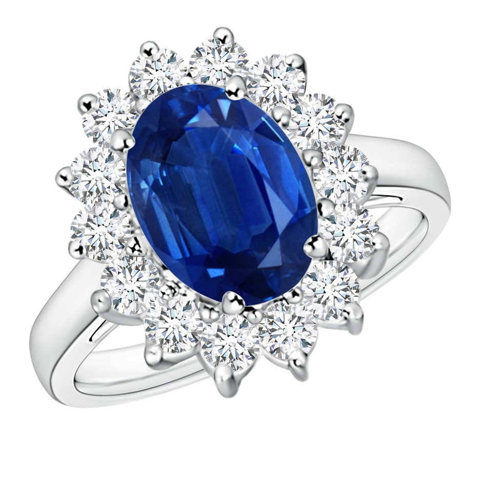 10x8mm AAA Princess Diana Inspired Blue Sapphire Ring with Diamond Halo in P950 Platinum 