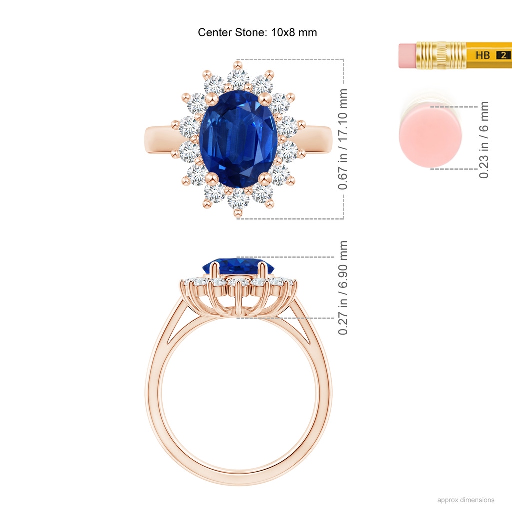 10x8mm AAA Princess Diana Inspired Blue Sapphire Ring with Diamond Halo in Rose Gold ruler