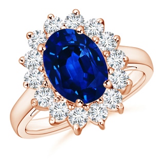 10x8mm AAAA Princess Diana Inspired Blue Sapphire Ring with Diamond Halo in 18K Rose Gold