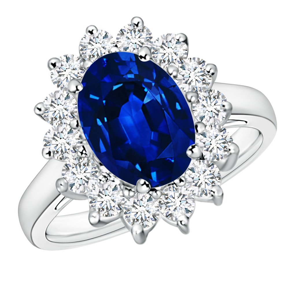 10x8mm AAAA Princess Diana Inspired Blue Sapphire Ring with Diamond Halo in P950 Platinum