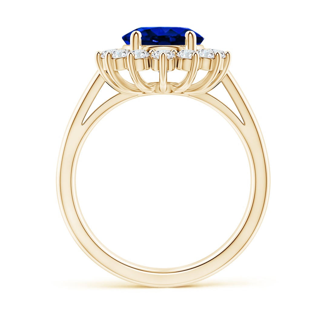 10x8mm AAAA Princess Diana Inspired Blue Sapphire Ring with Diamond Halo in Yellow Gold - side 5