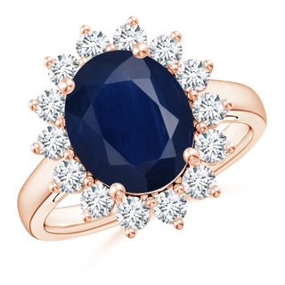 12x10mm A Princess Diana Inspired Blue Sapphire Ring with Diamond Halo in 18K Rose Gold