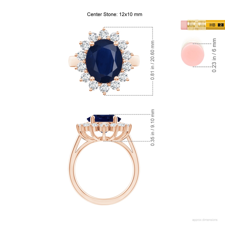 12x10mm A Princess Diana Inspired Blue Sapphire Ring with Diamond Halo in Rose Gold ruler