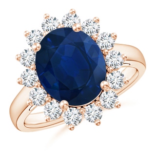 12x10mm AA Princess Diana Inspired Blue Sapphire Ring with Diamond Halo in 10K Rose Gold