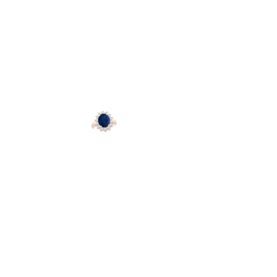 12x10mm AA Princess Diana Inspired Blue Sapphire Ring with Diamond Halo in 9K Rose Gold hand