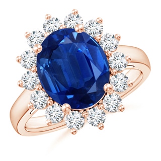 12x10mm AAA Princess Diana Inspired Blue Sapphire Ring with Diamond Halo in 18K Rose Gold