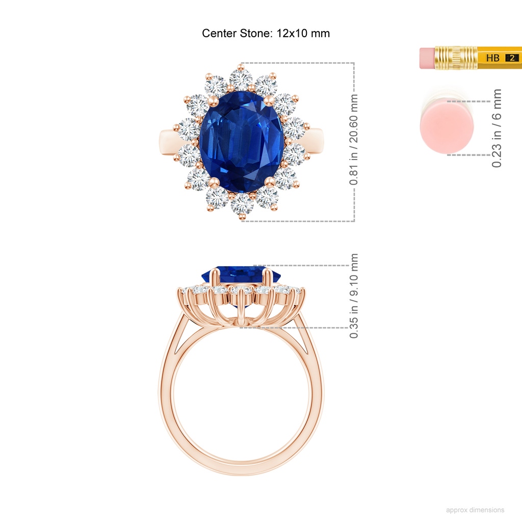 12x10mm AAA Princess Diana Inspired Blue Sapphire Ring with Diamond Halo in Rose Gold ruler