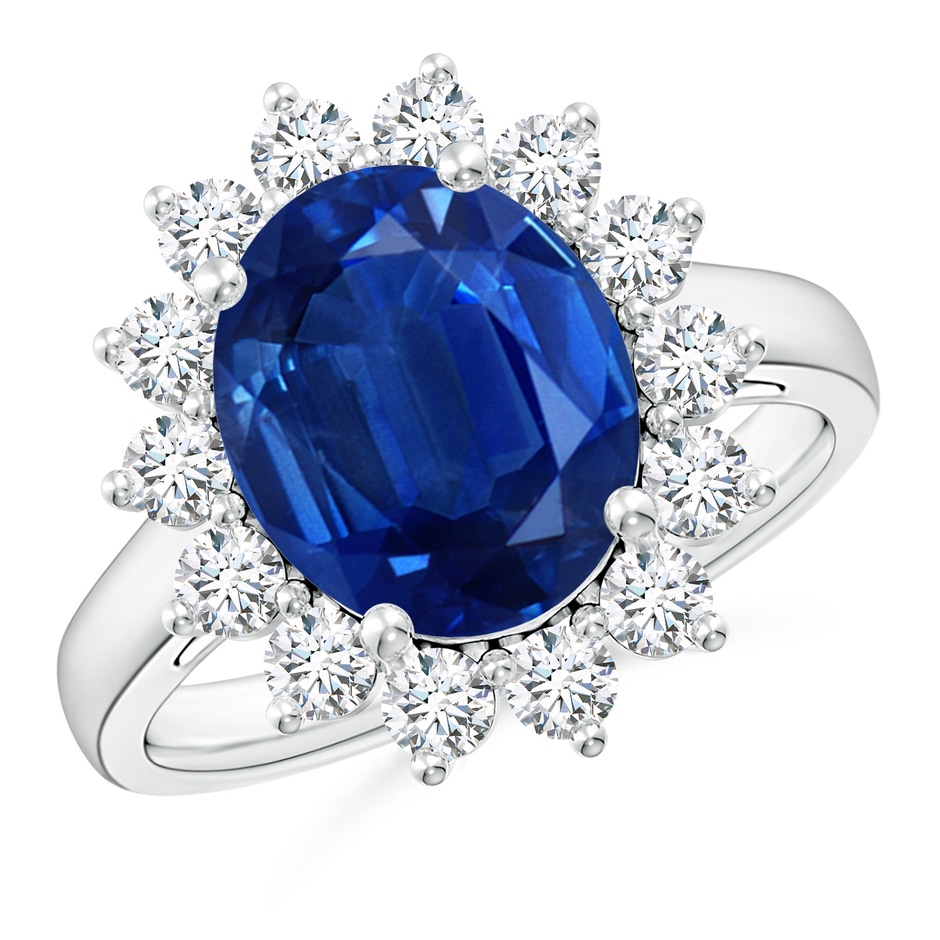 12x10mm AAA Princess Diana Inspired Blue Sapphire Ring with Diamond Halo in White Gold 
