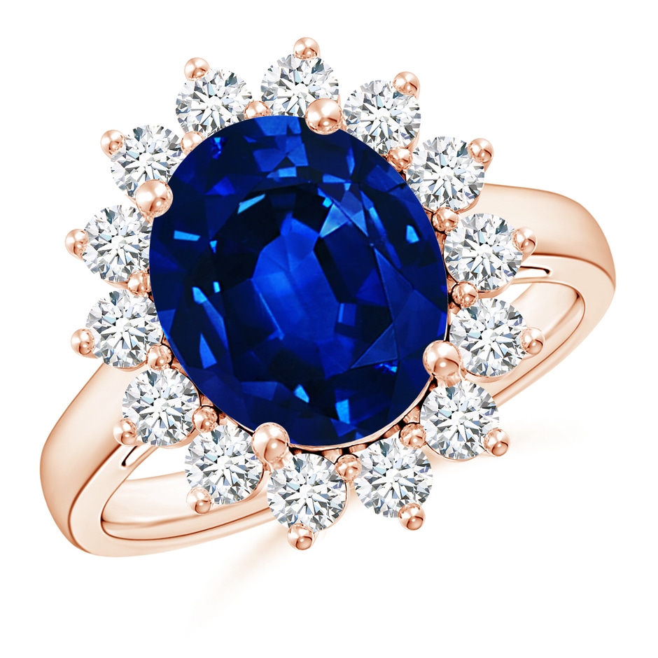 12x10mm Lab-Grown Princess Diana Inspired Blue Sapphire Ring with Diamond Halo in 18K Rose Gold 