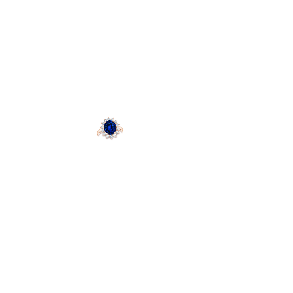 12x10mm Lab-Grown Princess Diana Inspired Blue Sapphire Ring with Diamond Halo in 18K Rose Gold hand