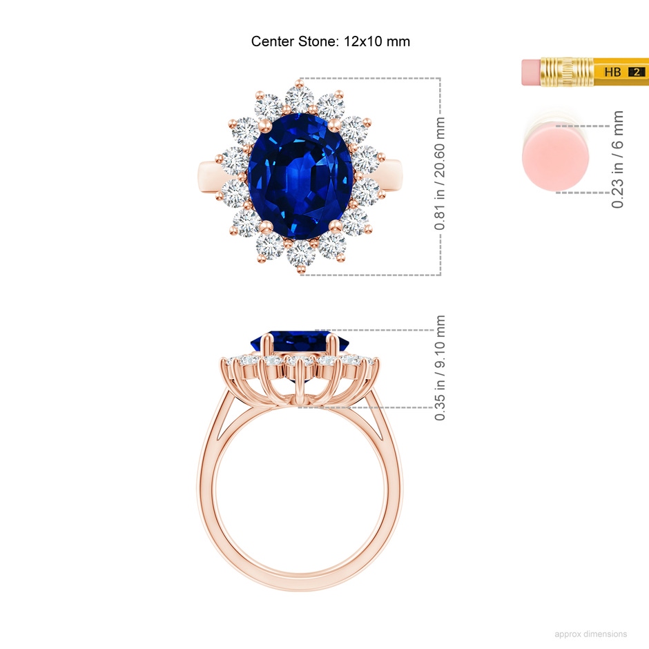 12x10mm Lab-Grown Princess Diana Inspired Blue Sapphire Ring with Diamond Halo in 18K Rose Gold ruler