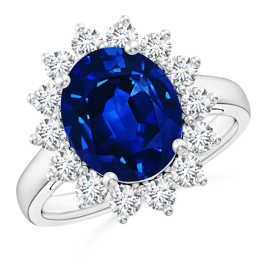 12x10mm Lab-Grown Princess Diana Inspired Blue Sapphire Ring with Diamond Halo in White Gold 