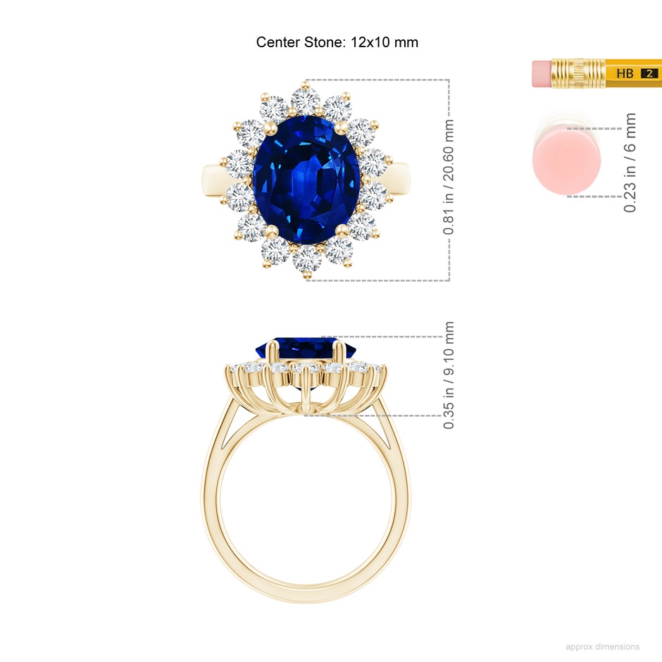 12x10mm Lab-Grown Princess Diana Inspired Blue Sapphire Ring with Diamond Halo in Yellow Gold ruler