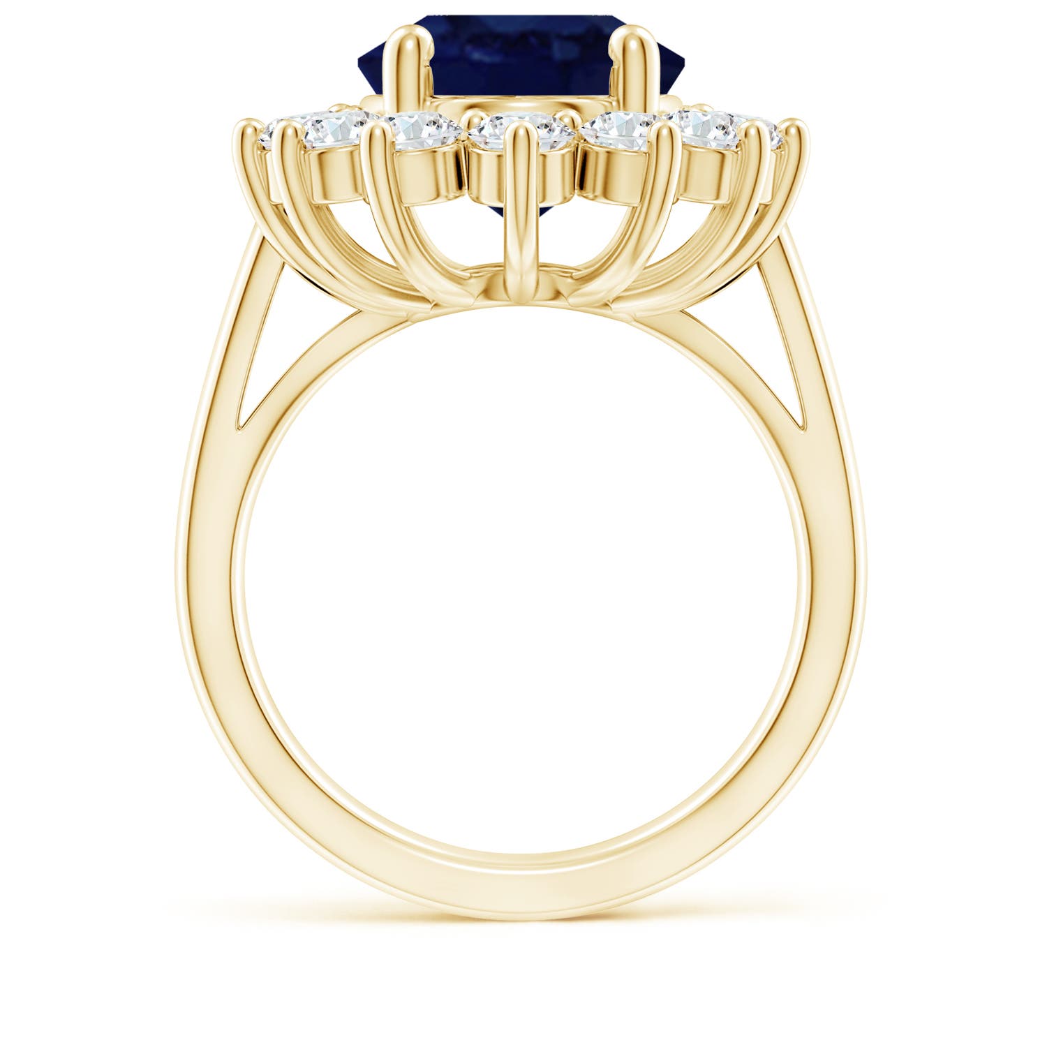 14x10mm A Princess Diana Inspired Blue Sapphire Ring with Diamond Halo in 18K Yellow Gold