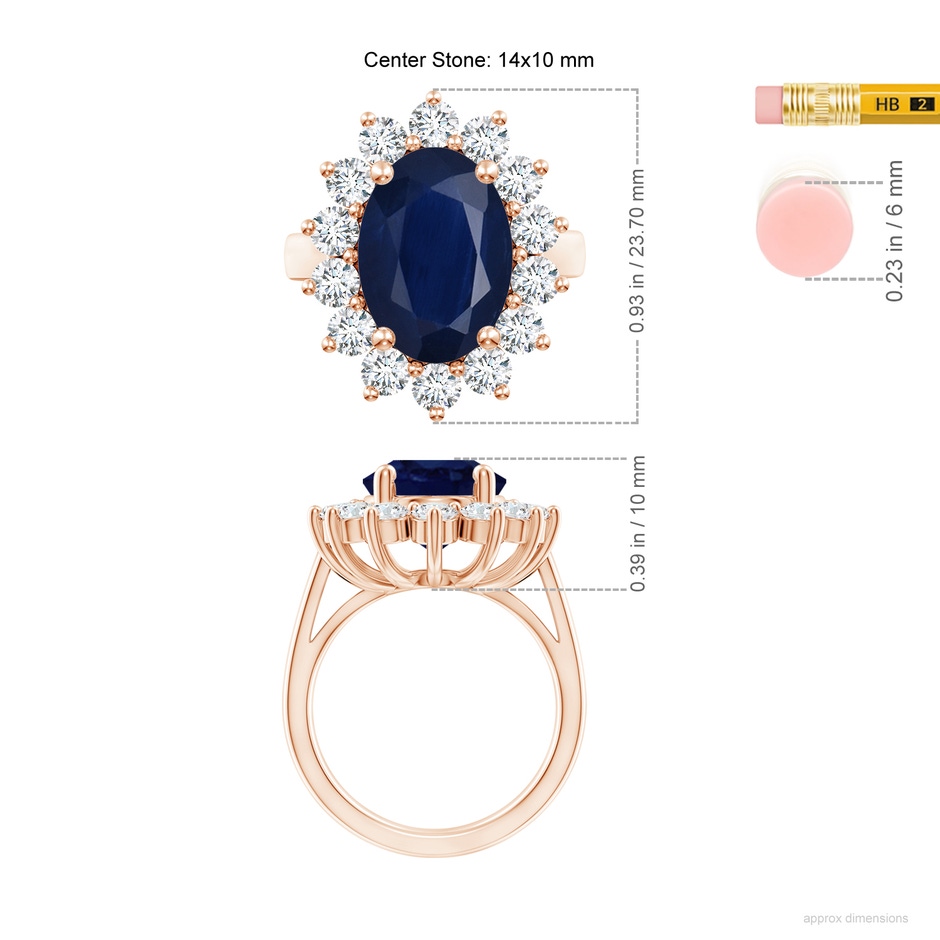 14x10mm A Princess Diana Inspired Blue Sapphire Ring with Diamond Halo in Rose Gold ruler