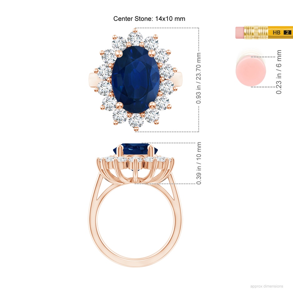 14x10mm AA Princess Diana Inspired Blue Sapphire Ring with Diamond Halo in Rose Gold ruler